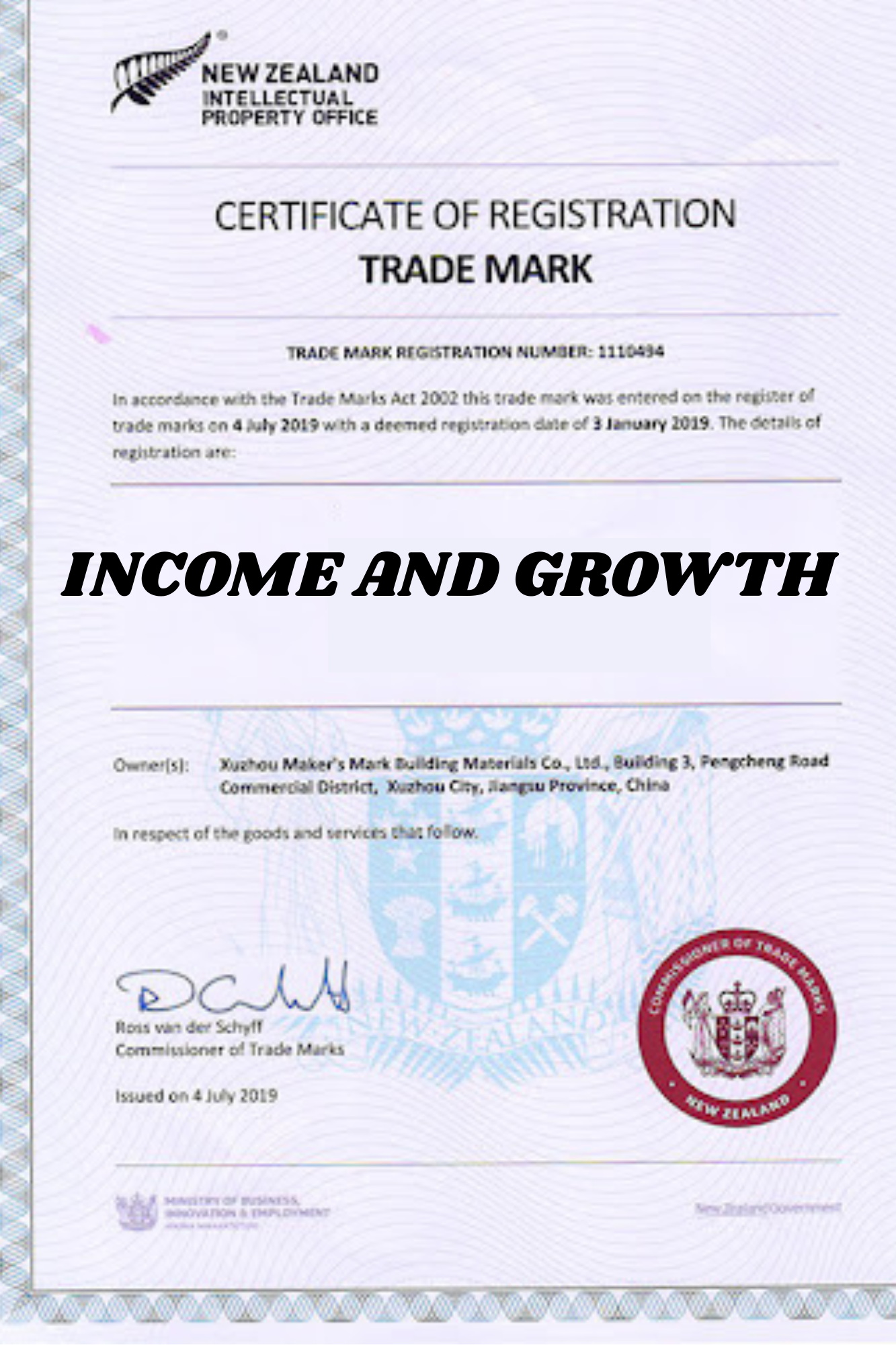 Income and Growth company   CERTIFICATE
